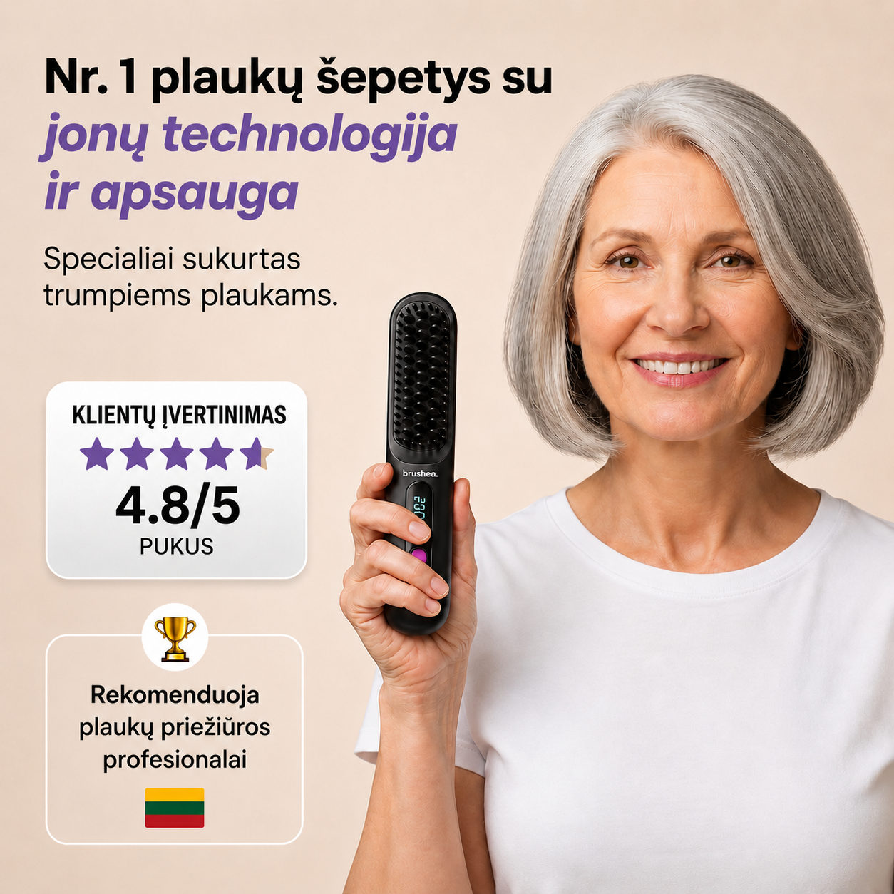 Brushea PRO 2.0 – Nr. 1 nešiojamas tiesinimo šepetys trumpiems plaukams