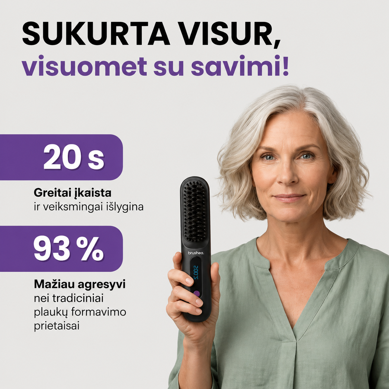 Brushea PRO 2.0 – Nr. 1 nešiojamas tiesinimo šepetys trumpiems plaukams